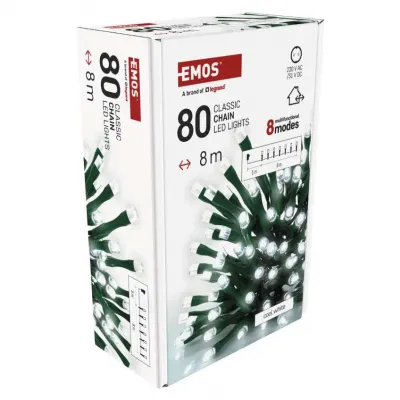 Lampki choinkowe Classic 80 LED 8m zimna biel IP44 8 programów timer EMOS (D4AC22)