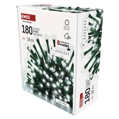 Lampki choinkowe Classic 180 LED 18m zimna biel IP44 8 programów timer EMOS (D4AC24)