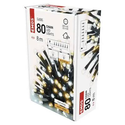 Lampki choinkowe Classic 80 LED 8m ciepła + zimna biel zielony przewód IP44 timer EMOS (D4AN04)