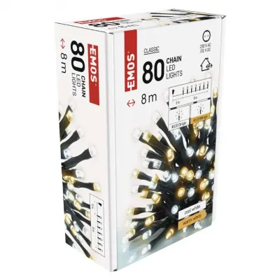 Lampki choinkowe Classic 80 LED 8m ciepła + zimna biel zielony przewód IP44 timer EMOS (D4AN04)