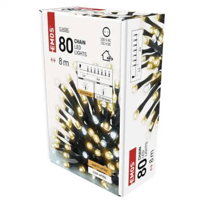 Lampki choinkowe Classic 80 LED 8m ciepła biel + zimna biel miga IP44 timer EMOS (D4AN01)