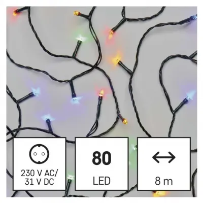 Lampki choinkowe Classic 80 LED 8m multikolor zielony przewód IP44 8 programów timer EMOS (D4AM22)