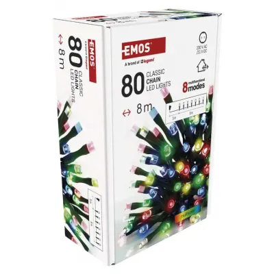 Lampki choinkowe Classic 80 LED 8m multikolor zielony przewód IP44 8 programów timer EMOS (D4AM22)