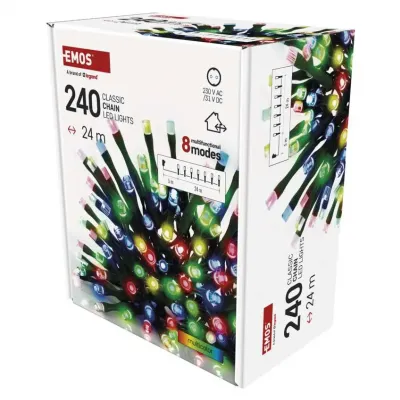 Lampki choinkowe Classic 240 LED 24m multikolor ziel. przew. IP44 8 programów timer EMOS (D4AM25)