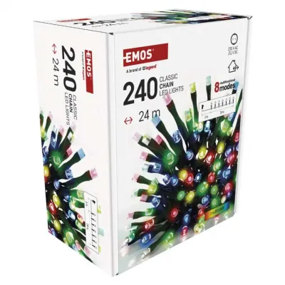 Lampki choinkowe Classic 240 LED 24m multikolor ziel. przew. IP44 8 programów timer EMOS (D4AM25)