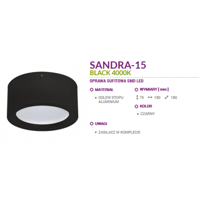 Oprawa sufitowa SMD LED SANDRA CZARNA  4000K 03523 IDEUS (03523)