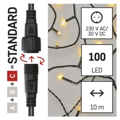 Lampki świąteczne łączone Standard łańcuch 100LED 10m ciepła biel IP44 timer (D1AW03)