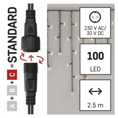 Lampki choinkowe łączone Standard sople 100LED 2,5m ciepła biel IP44 timer EMOS (D1CW01)