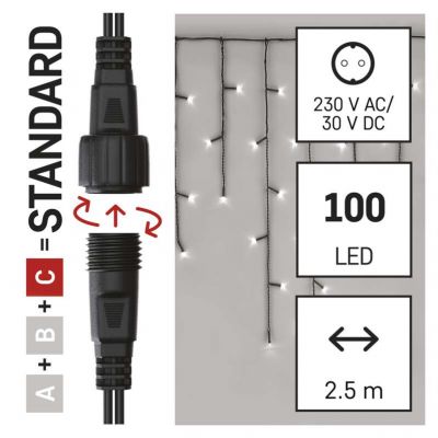 Lampki choinkowe sople łączone Standard 100LED 2,5m zimna biel IP44 timer (D1CC01)