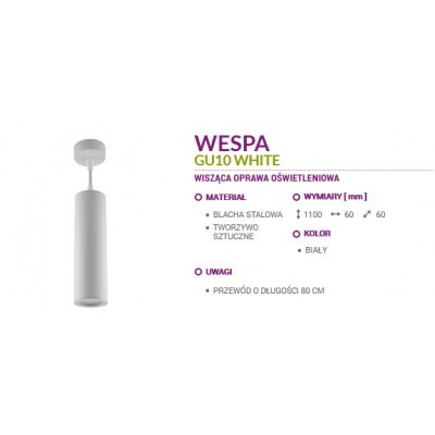  LAMPA WISZĄCA WESPA GU10 biała  OPRAWA 03248 IDEUS (03248)