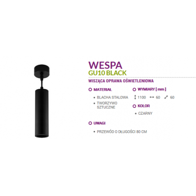 LAMPA WISZĄCA WESPA GU10 CZARNA  OPRAWA 03499 IDEUS (03499)