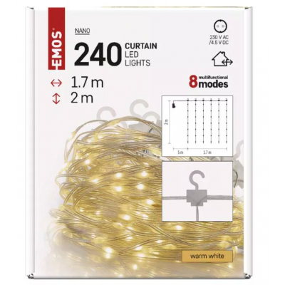 Lampki świąteczne 240 LED nano kurtyna 1,7x2m ciepła biel 8 programów IP44 EMOS (D3EW01)