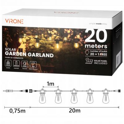 Girlanda solarna ogrodowa lampki solarne 20m + 21x Żarówka E27 LED + PILOT (LG-4/20M/E27/3)