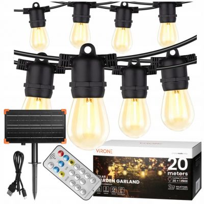 Girlanda solarna ogrodowa lampki solarne 20m + 21x Żarówka E27 LED + PILOT (LG-4/20M/E27/3)
