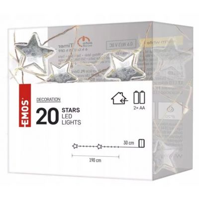 Lampki choinkowe gwiazdki 20 LED 2x AA, ciepła biel, srebrny przewód, IP20, timer EMOS (DCGW07)