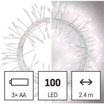 Lampki świąteczne 100LED small nano łezki jeżyk, 2,4m 3xAA zimna biel  IP20 timer EMOS (D3FC01)