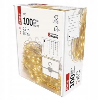 Kurtyna świąteczna 100LED choinkowe łezki 2,9 m ciepła biel 8 programów IP44 EMOS (D3CW02)