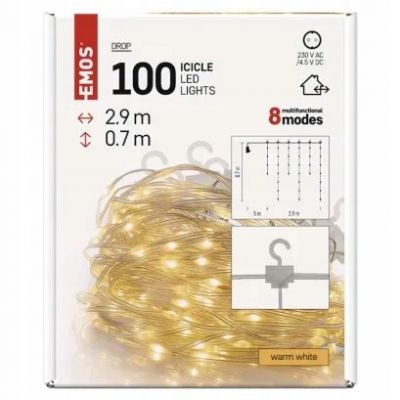 Kurtyna świąteczna 100LED choinkowe łezki 2,9 m ciepła biel 8 programów IP44 EMOS (D3CW02)