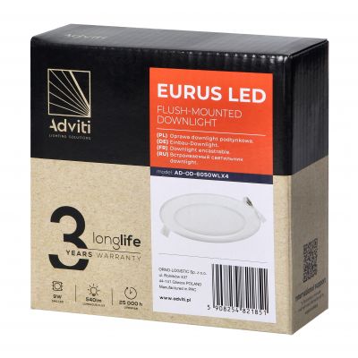 EURUS LED 9W, oprawa downlight, podtynkowa, okrągła, 540lm, 4000K, biała, wbudowany zasilacz LED AD-OD-6050WLX4 ORNO (AD-OD-6050WLX4)