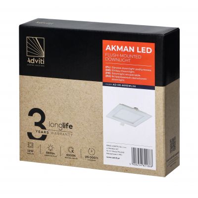 AKMAN LED 12W, oprawa downlight, podtynkowa, kwadratowa, 860lm, 4000K, biała, wbudowany zasilacz LED AD-OD-6055WLX4 ORNO (AD-OD-6055WLX4)