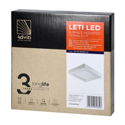 LETI LED 18W, oprawa downlight, natynkowa, kwadratowa, 1300lm, 4000K, biała, wbudowany zasilacz LED AD-OD-6062WLX4 ORNO (AD-OD-6062WLX4)
