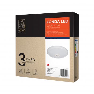 ZONDA LED 12W, plafon z czujnikiem ruchu, 800lm, IP20, 4000K, poliwęglan mleczny, biały AD-PL-349WLPMR4 ORNO (AD-PL-349WLPMR4)