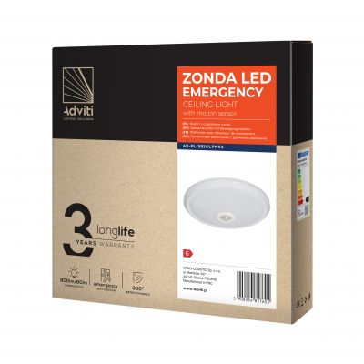 ZONDA LED EMERGENCY 12W/1,2W, plafon z czujnikiem ruchu, 800lm/80lm, IP20, 4000K, poliwęglan mleczny AD-PL-391WLPMR4 ORNO (AD-PL-391WLPMR4)