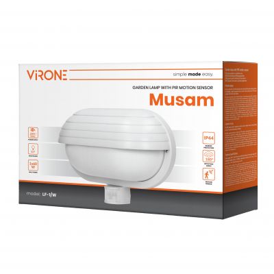 MUSAM, oprawa ogrodowa z czujnikiem ruchu 180st, 1x60W, E27, IP44, z przesłoną, plastik, biała LF-1/W ORNO (LF-1/W)