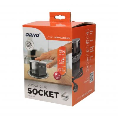 Gniazdo meblowe Ø10cm wysuwane z blatu z ładowarką USB i przewodem 1,5m, 3x2P+Z, 2xUSB (typ A, 2,1A), INOX OR-AE-1381 ORNO (OR-AE-1381)