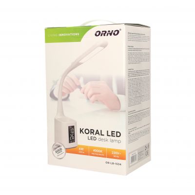Lampka biurkowa z pojemnikiem na długopisy LED 6W,budzikiem, 200lm, 4000K, biała KORAL OR-LB-1534 ORNO (OR-LB-1534)
