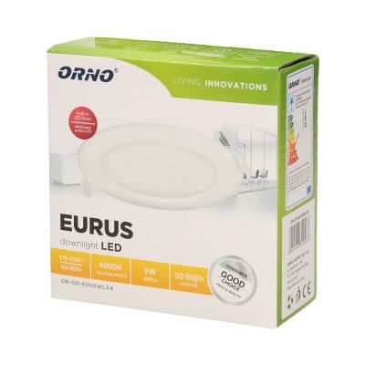 EURUS LED 9W, oprawa downlight, podtynkowa, okrągła, 480lm, 4000K, biała, wbudowany zasilacz LED OR-OD-6050WLX4 ORNO (OR-OD-6050WLX4)