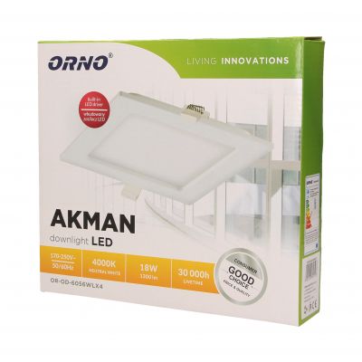 Oprawa AKMAN LED, kwadratowa podtynkowa downlight 18W, 4000K, biała, wbudowany zasilacz LED OR-OD-6056WLX4 ORNO (OR-OD-6056WLX4)