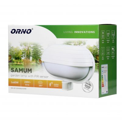 Oprawa SAMUM z czujnikiem ruchu 180st, z przesłoną, 60W, E27, IP44, plastik, biała OR-OP-304WE27ZMR ORNO (OR-OP-304WE27ZMR)