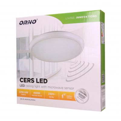 CERS LED 22W, plafon z mikrofalowym czujnikiem ruchu, 2000lm, IP65, 4000K, poliwęglan mleczny biały, funkcja przyciemnienia OR-PL-6091WLPMM4 ORNO (OR-PL-6091WLPMM4)