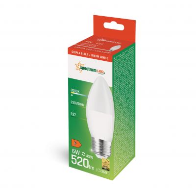 Żarówka LED ŚWIECOWA E27 230V 6W 520lm 3000K ciepła biel WOJ+13061 Spectrum Led (WOJ+13061)