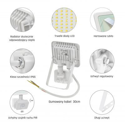 Naświetlacz halogen reflektor z czujnikiem ruchu 10W neutralna  SLI029041NW_CZUJNIK Spectrum Led (SLI029041NW_CZUJNIK)