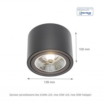 Oprawa natynkowa CHLOE AR111 GU10 250V IP20 139x100mm czarny okrągła ruchoma  SLIP005013 Spectrum Led (SLIP005013)