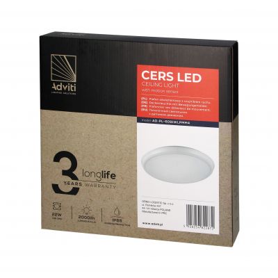 CERS LED 22W, plafon z mikrofalowym czujnikiem ruchu, 2000lm, IP65, 4000K, poliwęglan mleczny biały, AD-PL-6091WLPMM4 ORNO (AD-PL-6091WLPMM4)