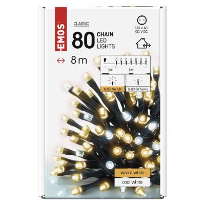 Lampki choinkowe Classic 80 LED 8m ciepła biel + zimna biel miga IP44 timer EMOS (D4AN01)
