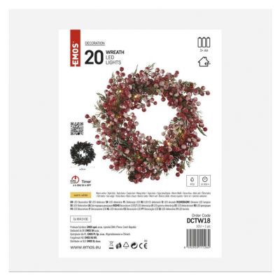 Wieniec świąteczny 20 LED wianek 38 cm 3x AA biały ciepła biel IP20 timer EMOS (DCTW18)