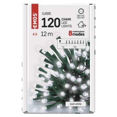 Lampki choinkowe 120 LED 12m zimna biel, zielony przewód, 8 programów, IP44 D4AC08 EMOS (D4AC08)