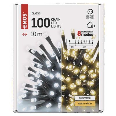 Lampki choinkowe 100LED 10m, 2 w 1 zimna biel lub ciepła biel, czarny, 8 programów, IP44 EMOS (D4AL05)