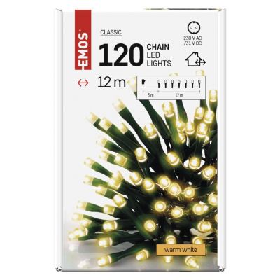 Lampki choinkowe Classic 120 LED 12m ciepła biel, zielony przewód, IP44, timer EMOS (D4AW03)