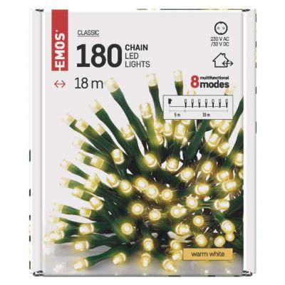 Lampki choinkowe 180 LED 18m, ciepła biel, zielony przewód, 8 programów, IP44 EMOS (D4AW07)
