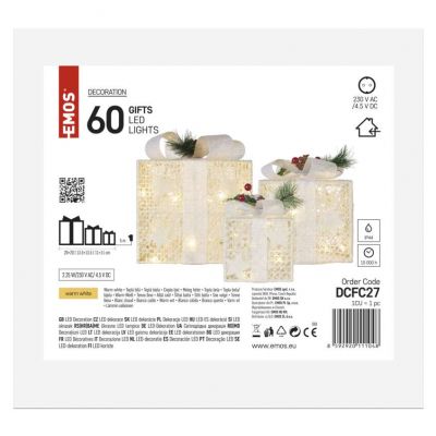 Dekoracja świąteczna 60 LED prezenty 11/13,5/20 cm złote zimna biel IP44 EMOS (DCFC27)