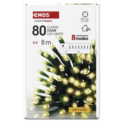 Lampki choinkowe Classic 80 LED 8m ciepła biel zielony przewód IP44 8 programów timer EMOS (D4AW22)