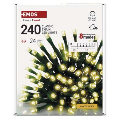 Lampki choinkowe Classic 240 LED 24m ciepła biel zielony przewód IP44 8 program. timer EMOS (D4AW25)