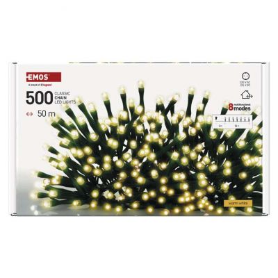 Lampki choinkowe Classic 500 LED 50m ciepła biel zielony przewód IP44 8 programów timer EMOS (D4AW26)