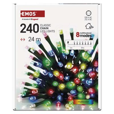 Lampki choinkowe Classic 240 LED 24m multikolor ziel. przew. IP44 8 programów timer EMOS (D4AM25)