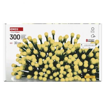 Lampki choinkowe 300 LED cherry 30m ciepła biel zielony przewód IP44 8 programów timer EMOS (D5AW24)